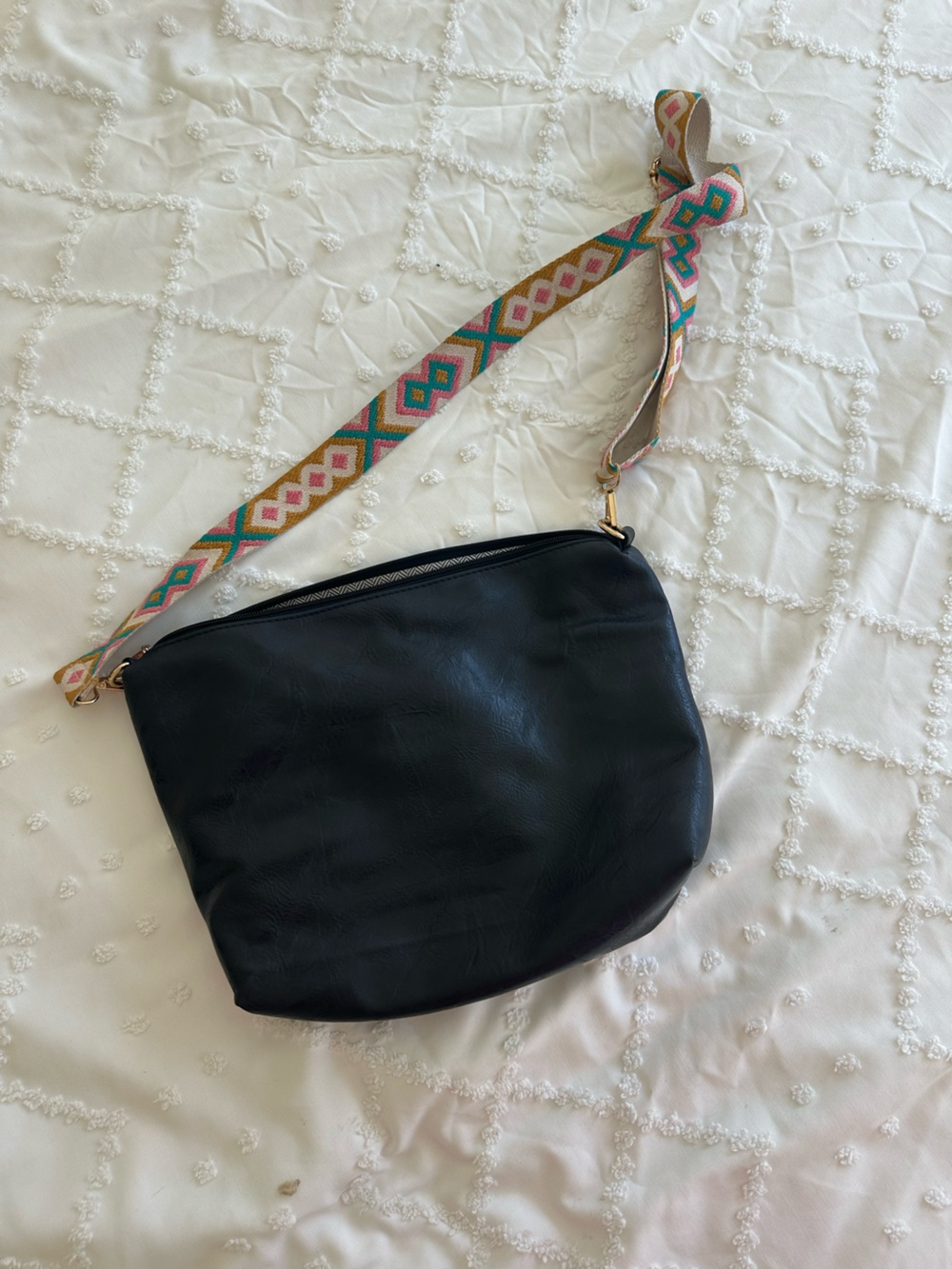 Women's Black Crossbody Bag with Patterned Strap